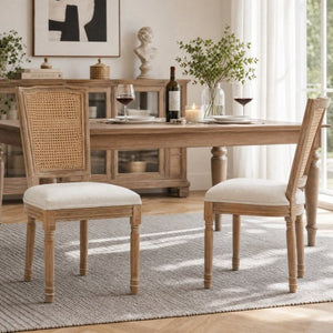 English Elm Farmhouse Rubberwood Dining Chairs Handwoven Rattan Back Linen Cushion Set of 2 Beige W6098P507924