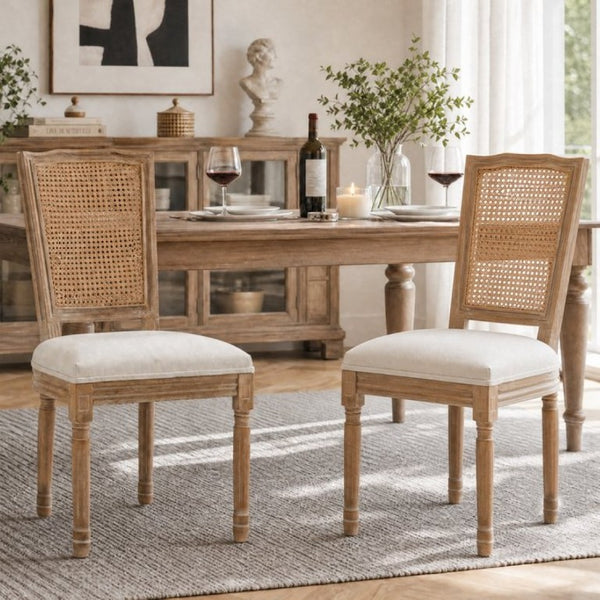 English Elm Farmhouse Rubberwood Dining Chairs Handwoven Rattan Back Linen Cushion Set of 2 Beige W6098P507924