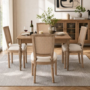 English Elm Farmhouse Rubberwood Dining Chairs Handwoven Rattan Back Linen Cushion Set of 2 Beige W6098P507924
