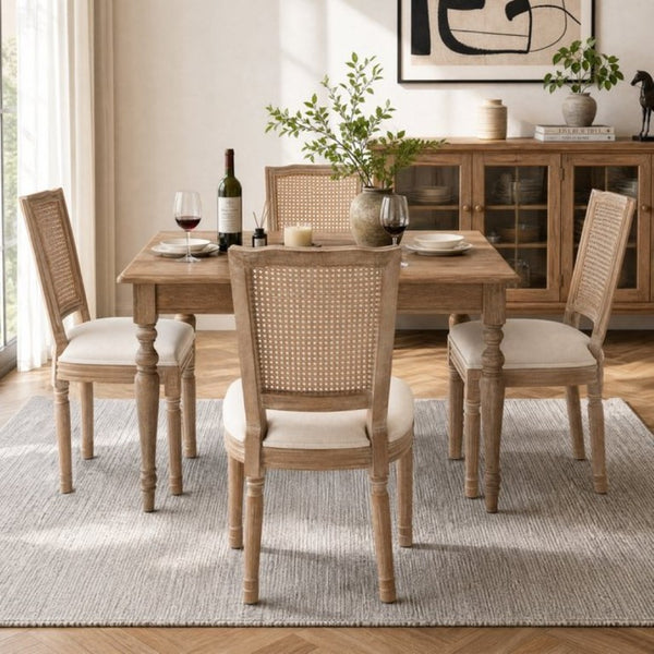English Elm Farmhouse Rubberwood Dining Chairs Handwoven Rattan Back Linen Cushion Set of 2 Beige W6098P507924