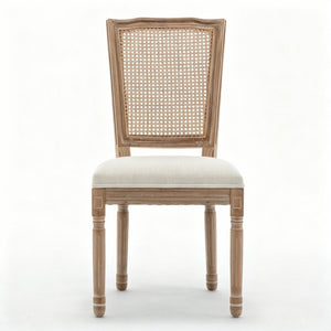 English Elm Farmhouse Rubberwood Dining Chairs Handwoven Rattan Back Linen Cushion Set of 2 Beige W6098P507924