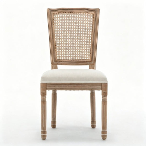 English Elm Farmhouse Rubberwood Dining Chairs Handwoven Rattan Back Linen Cushion Set of 2 Beige W6098P507924