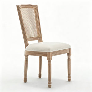 English Elm Farmhouse Rubberwood Dining Chairs Handwoven Rattan Back Linen Cushion Set of 2 Beige W6098P507924
