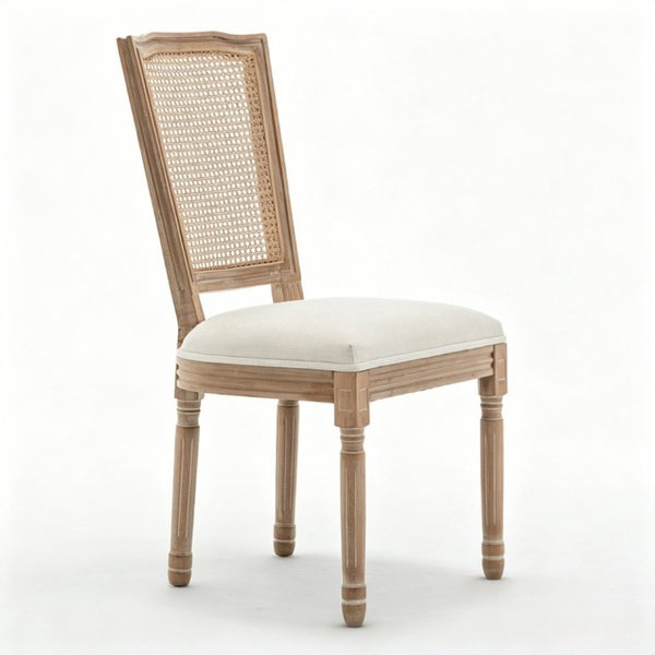 English Elm Farmhouse Rubberwood Dining Chairs Handwoven Rattan Back Linen Cushion Set of 2 Beige W6098P507924
