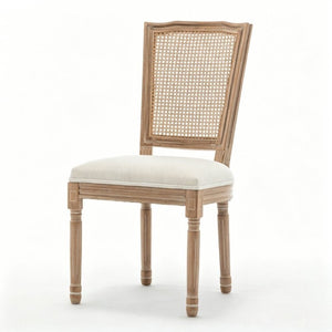 English Elm Farmhouse Rubberwood Dining Chairs Handwoven Rattan Back Linen Cushion Set of 2 Beige W6098P507924