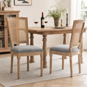 English Elm Farmhouse Rubberwood Dining Chairs Handwoven Rattan Back Linen Cushion Set of 2 Grey W6098P507925