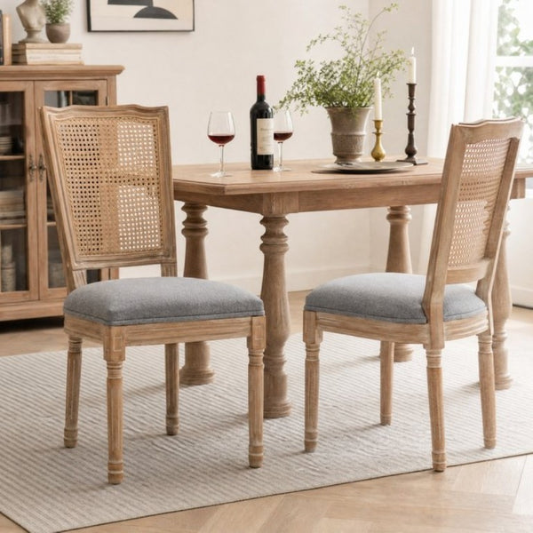 English Elm Farmhouse Rubberwood Dining Chairs Handwoven Rattan Back Linen Cushion Set of 2 Grey W6098P507925
