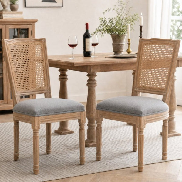 English Elm Farmhouse Rubberwood Dining Chairs Handwoven Rattan Back Linen Cushion Set of 2 Grey W6098P507925