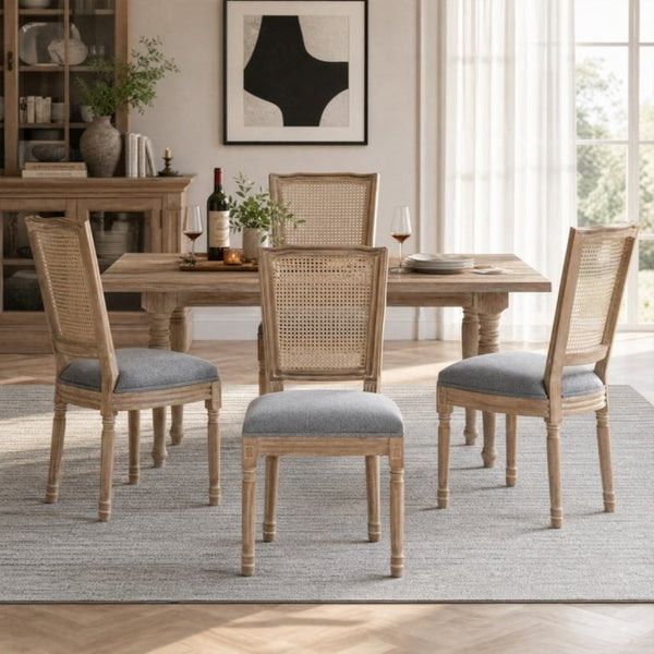 English Elm Farmhouse Rubberwood Dining Chairs Handwoven Rattan Back Linen Cushion Set of 2 Grey W6098P507925