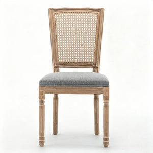 English Elm Farmhouse Rubberwood Dining Chairs Handwoven Rattan Back Linen Cushion Set of 2 Grey W6098P507925