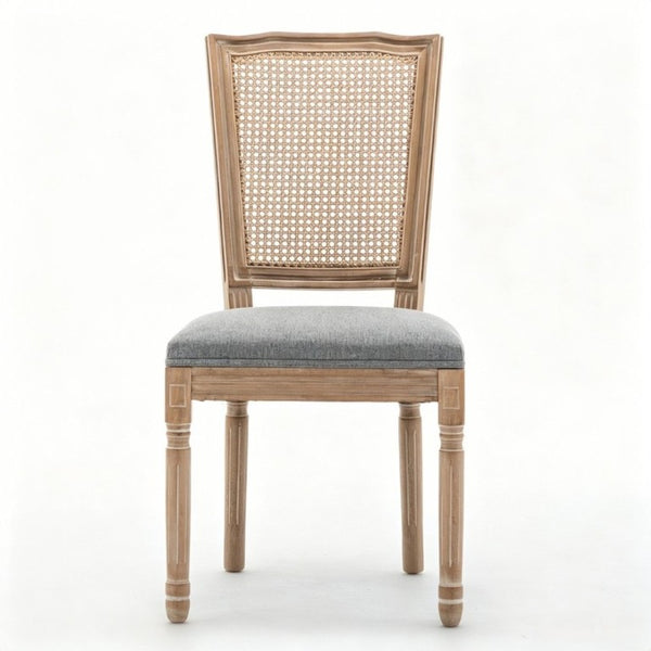 English Elm Farmhouse Rubberwood Dining Chairs Handwoven Rattan Back Linen Cushion Set of 2 Grey W6098P507925