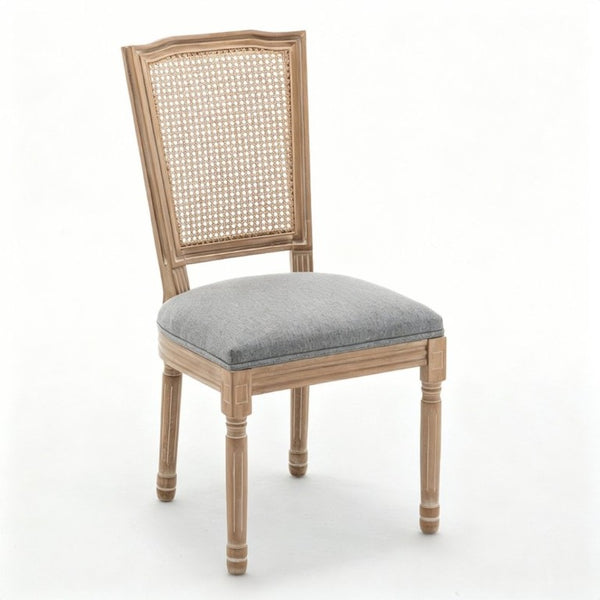 English Elm Farmhouse Rubberwood Dining Chairs Handwoven Rattan Back Linen Cushion Set of 2 Grey W6098P507925