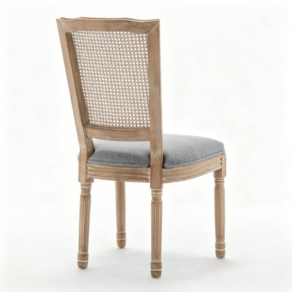 English Elm Farmhouse Rubberwood Dining Chairs Handwoven Rattan Back Linen Cushion Set of 2 Grey W6098P507925