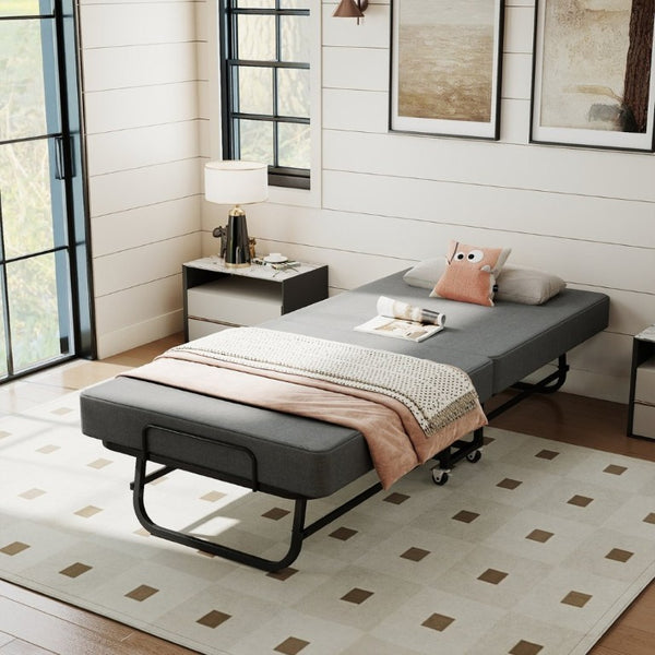 English Elm 75 Inch Folding Bed with Memory Foam Mattress Steel Frame and Lockable Wheels for Guests W6101P525021