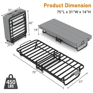 English Elm 75 Inch Folding Bed with Memory Foam Mattress Steel Frame and Lockable Wheels for Guests W6101P525021