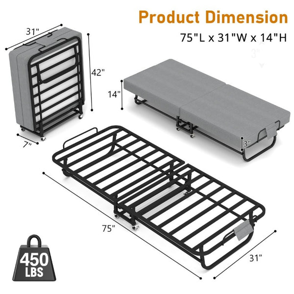 English Elm 75 Inch Folding Bed with Memory Foam Mattress Steel Frame and Lockable Wheels for Guests W6101P525021
