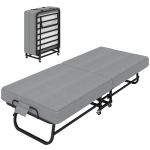 English Elm 75 Inch Folding Bed with Memory Foam Mattress Steel Frame and Lockable Wheels for Guests W6101P525021