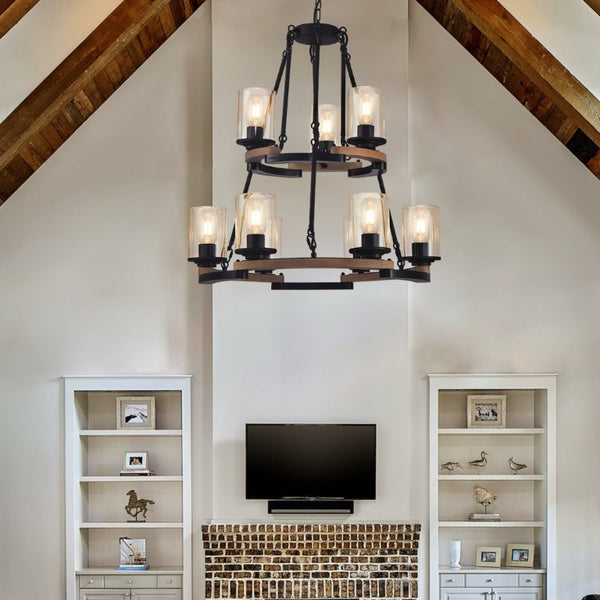 English Elm 9-Light Wagon Wheel Chandelier Iron Wood Farmhouse Pendant for Dining Entryway W6101P525065