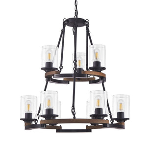 English Elm 9-Light Wagon Wheel Chandelier Iron Wood Farmhouse Pendant for Dining Entryway W6101P525065
