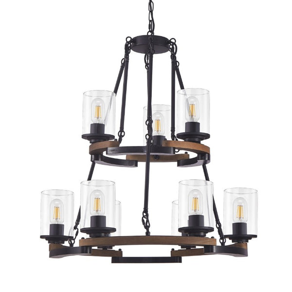 English Elm 9-Light Wagon Wheel Chandelier Iron Wood Farmhouse Pendant for Dining Entryway W6101P525065