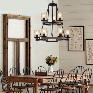 English Elm 9-Light Wagon Wheel Chandelier Iron Wood Farmhouse Pendant for Dining Entryway W6101P525065