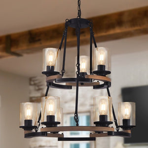 English Elm 9-Light Wagon Wheel Chandelier Iron Wood Farmhouse Pendant for Dining Entryway W6101P525065