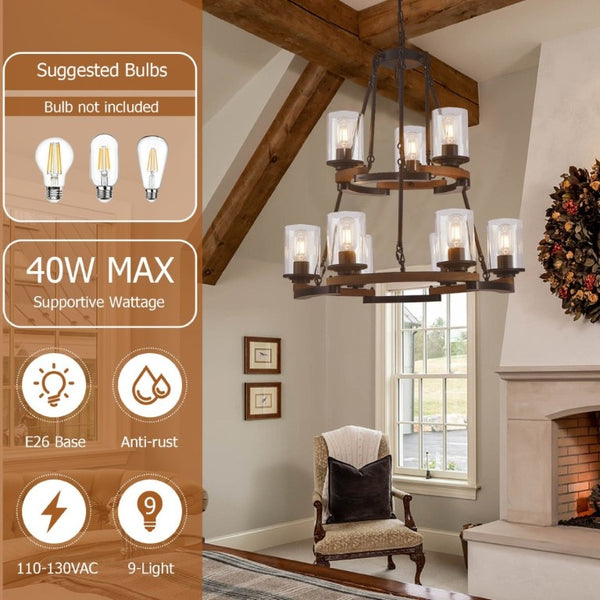 English Elm 9-Light Wagon Wheel Chandelier Iron Wood Farmhouse Pendant for Dining Entryway W6101P525065