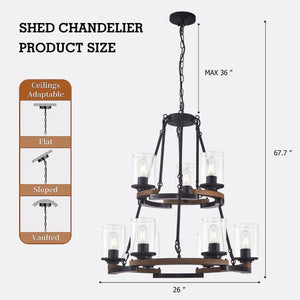 English Elm 9-Light Wagon Wheel Chandelier Iron Wood Farmhouse Pendant for Dining Entryway W6101P525065
