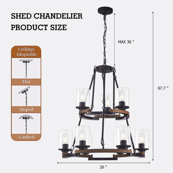 English Elm 9-Light Wagon Wheel Chandelier Iron Wood Farmhouse Pendant for Dining Entryway W6101P525065