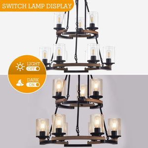 English Elm 9-Light Wagon Wheel Chandelier Iron Wood Farmhouse Pendant for Dining Entryway W6101P525065