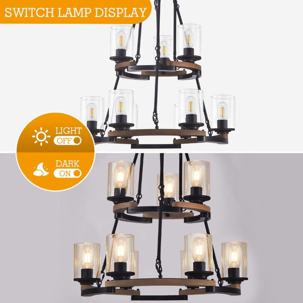 English Elm 9-Light Wagon Wheel Chandelier Iron Wood Farmhouse Pendant for Dining Entryway W6101P525065