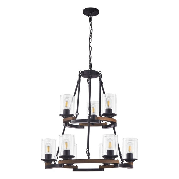 English Elm 9-Light Wagon Wheel Chandelier Iron Wood Farmhouse Pendant for Dining Entryway W6101P525065