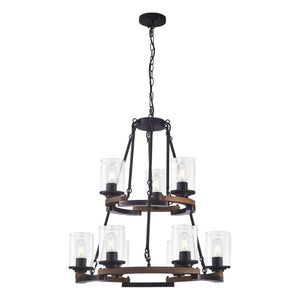 English Elm 9-Light Wagon Wheel Chandelier Iron Wood Farmhouse Pendant for Dining Entryway W6101P525065