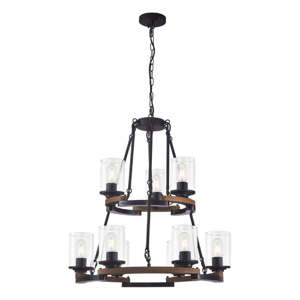 English Elm 9-Light Wagon Wheel Chandelier Iron Wood Farmhouse Pendant for Dining Entryway W6101P525065