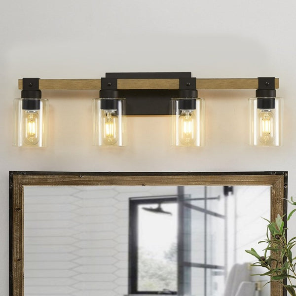 English Elm 4-Light Farmhouse Vanity Wall Fixture with Clear Glass Shades for Bath or Bedroom Black / Brick Yellow W6101P525066