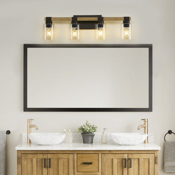 English Elm 4-Light Farmhouse Vanity Wall Fixture with Clear Glass Shades for Bath or Bedroom Black / Brick Yellow W6101P525066