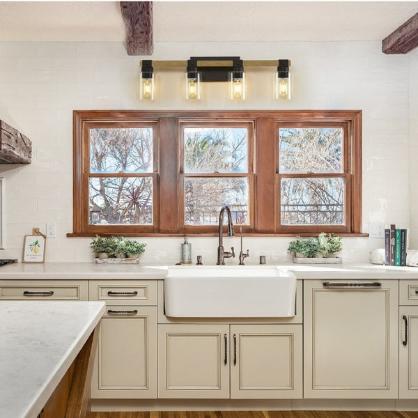 English Elm 4-Light Farmhouse Vanity Wall Fixture with Clear Glass Shades for Bath or Bedroom Black / Brick Yellow W6101P525066
