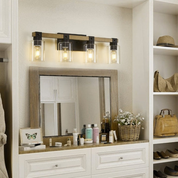English Elm 4-Light Farmhouse Vanity Wall Fixture with Clear Glass Shades for Bath or Bedroom Black / Brick Yellow W6101P525066