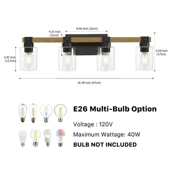 English Elm 4-Light Farmhouse Vanity Wall Fixture with Clear Glass Shades for Bath or Bedroom Black / Brick Yellow W6101P525066