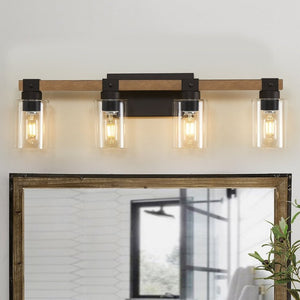English Elm 4-Light Farmhouse Vanity Wall Fixture with Clear Glass Shades for Bath or Bedroom Antique Brown / Black W6101P525067