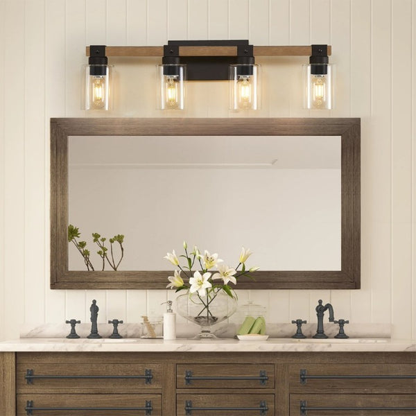 English Elm 4-Light Farmhouse Vanity Wall Fixture with Clear Glass Shades for Bath or Bedroom Antique Brown / Black W6101P525067