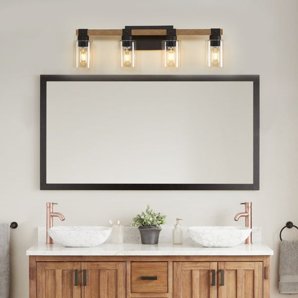 English Elm 4-Light Farmhouse Vanity Wall Fixture with Clear Glass Shades for Bath or Bedroom Antique Brown / Black W6101P525067