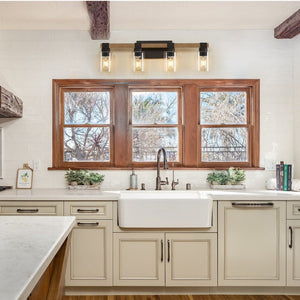 English Elm 4-Light Farmhouse Vanity Wall Fixture with Clear Glass Shades for Bath or Bedroom Antique Brown / Black W6101P525067
