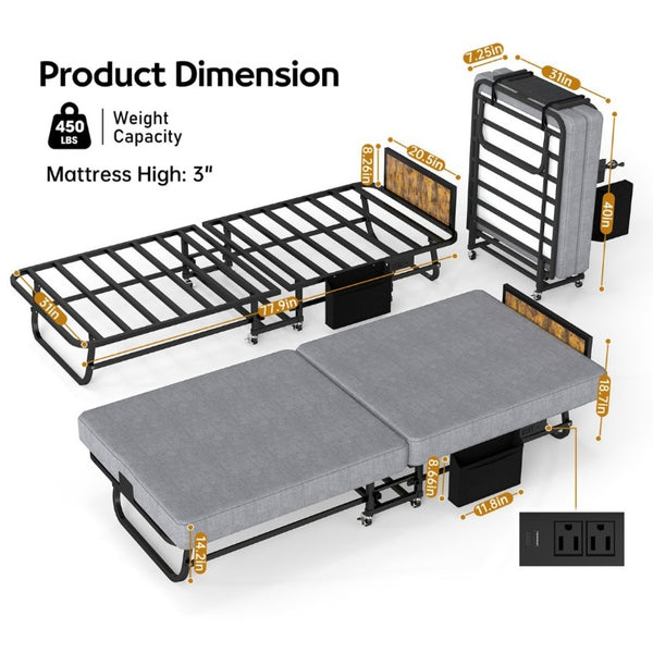 English Elm 78×31 Rollaway Guest Bed with Memory Foam Mattress Headboard and USB Charging Port W6101P525714