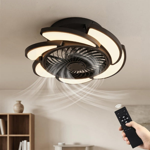 English Elm 17 Inch Bladeless Flush Mount Ceiling Fan Gold Finish Dimmable LED Remote Glam Bedroom Black W6101P525843