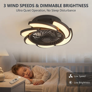 English Elm 17 Inch Bladeless Flush Mount Ceiling Fan Gold Finish Dimmable LED Remote Glam Bedroom Black W6101P525843