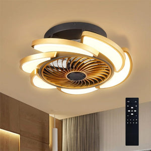 English Elm 17 Inch Bladeless Flush Mount Ceiling Fan Gold Finish Dimmable LED Remote Glam Bedroom Gold+Black W6101P525927