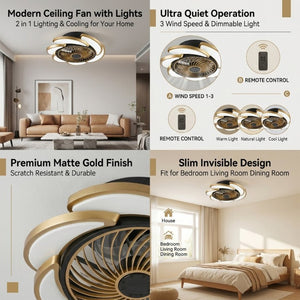 English Elm 17 Inch Bladeless Flush Mount Ceiling Fan Gold Finish Dimmable LED Remote Glam Bedroom Gold+Black W6101P525927