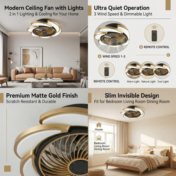 English Elm 17 Inch Bladeless Flush Mount Ceiling Fan Gold Finish Dimmable LED Remote Glam Bedroom Gold+Black W6101P525927
