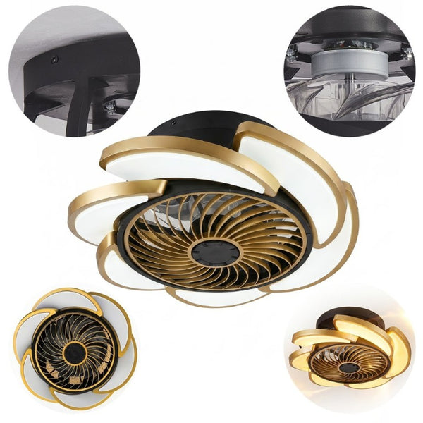 English Elm 17 Inch Bladeless Flush Mount Ceiling Fan Gold Finish Dimmable LED Remote Glam Bedroom Gold+Black W6101P525927